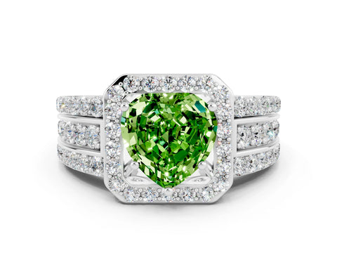 White gold Heart Cut Halo Peridot Ring with Split Shank and Four-Prong Setting