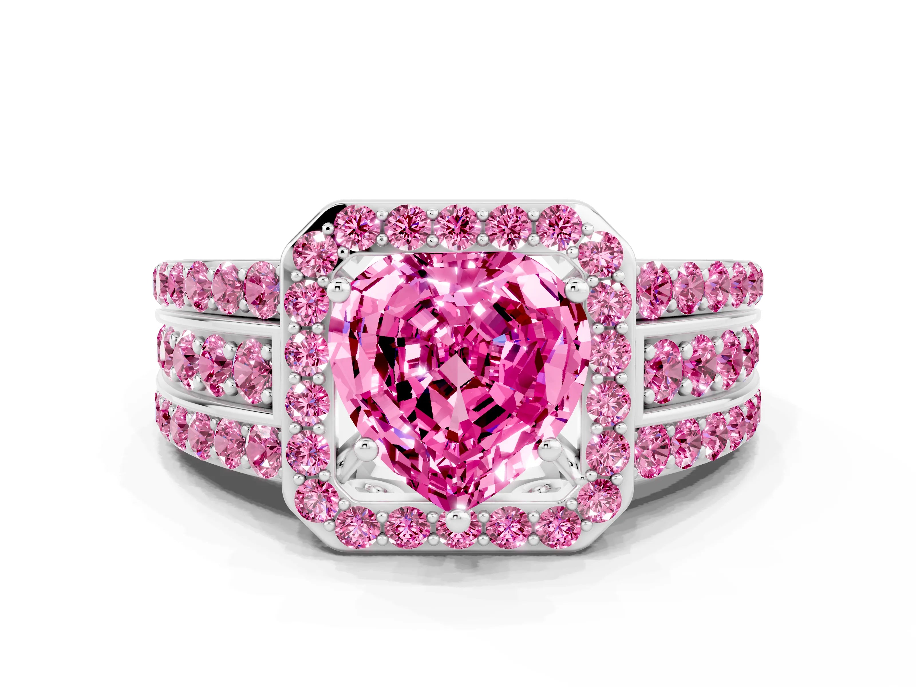 White gold Heart Cut Halo Pink Sapphire Ring with Split Shank and Four-Prong Setting