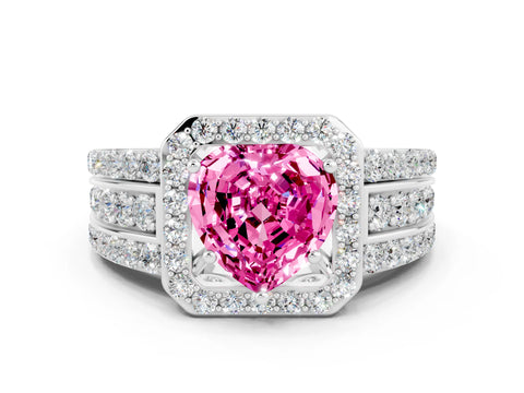 White gold Heart Cut Halo Pink Sapphire Ring with Split Shank and Four-Prong Setting_24