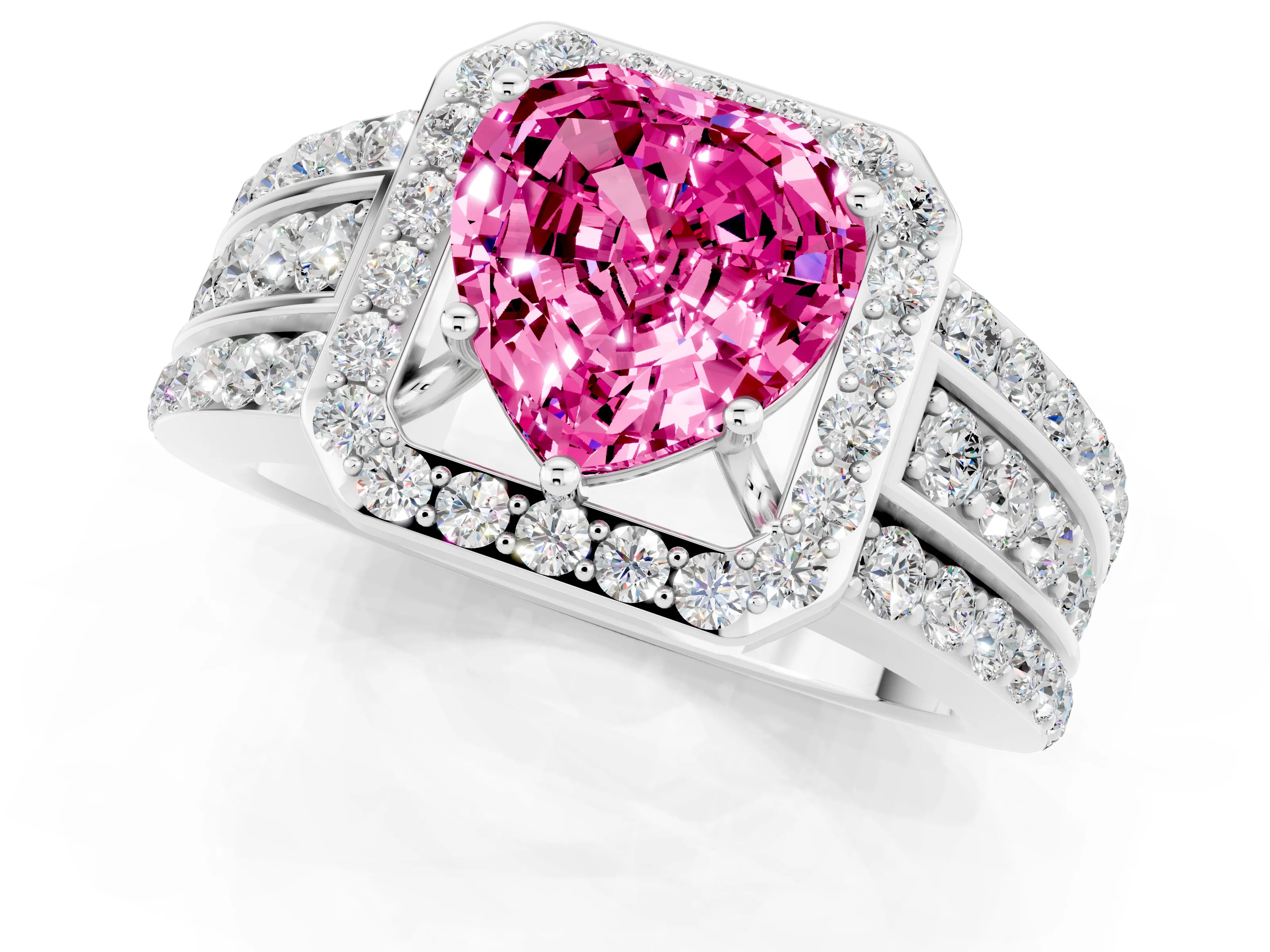 White gold Heart Cut Halo Pink Sapphire Ring with Split Shank and Four-Prong Setting_25