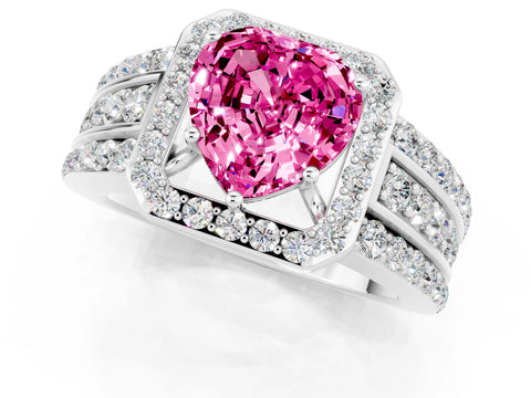 White gold Heart Cut Halo Pink Sapphire Ring with Split Shank and Four-Prong Setting_25