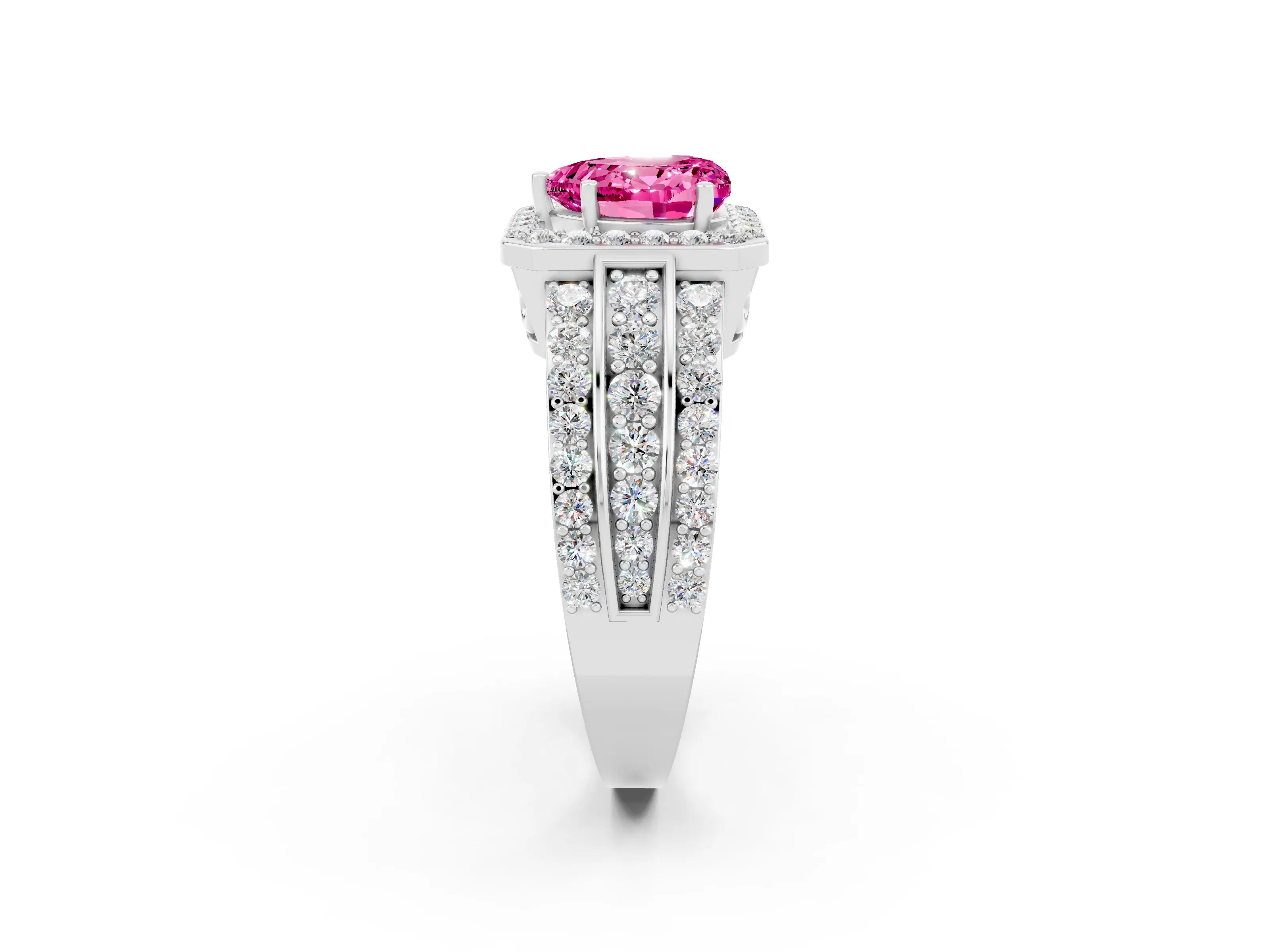 White gold Heart Cut Halo Pink Sapphire Ring with Split Shank and Four-Prong Setting_26