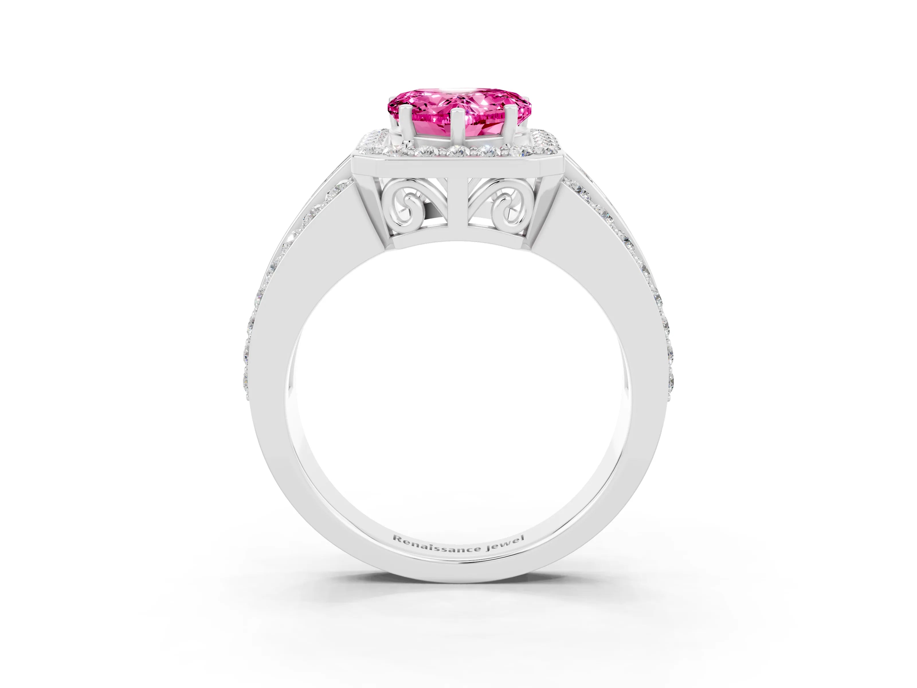 White gold Heart Cut Halo Pink Sapphire Ring with Split Shank and Four-Prong Setting_27