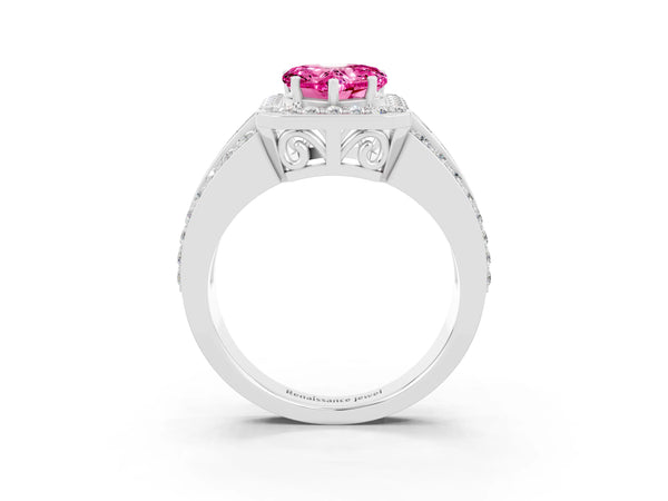 White gold Heart Cut Halo Pink Sapphire Ring with Round  Split Shank and Prong Setting