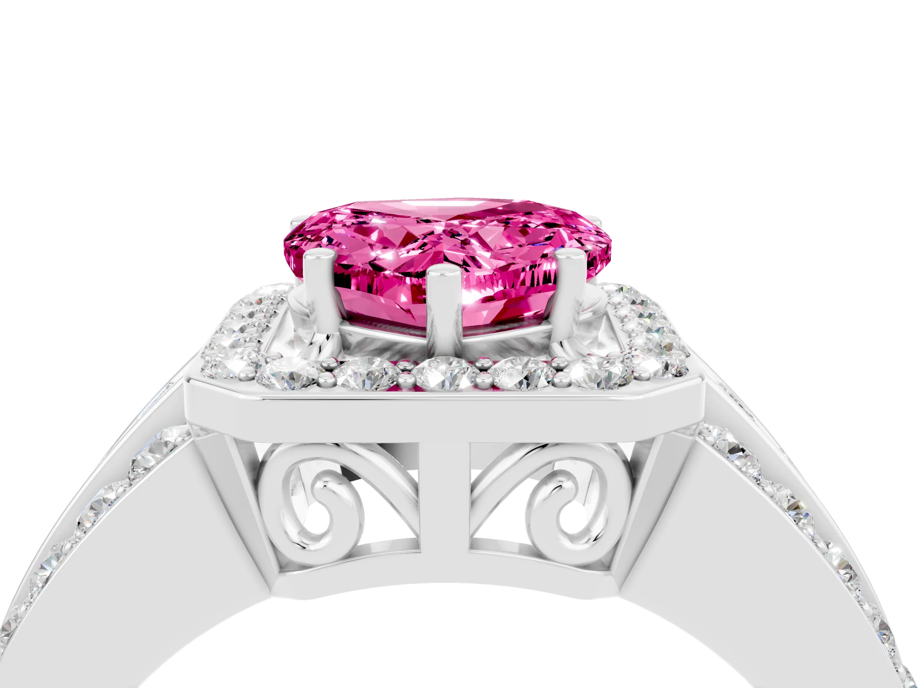 White gold Heart Cut Halo Pink Sapphire Ring with Split Shank and Four-Prong Setting_28