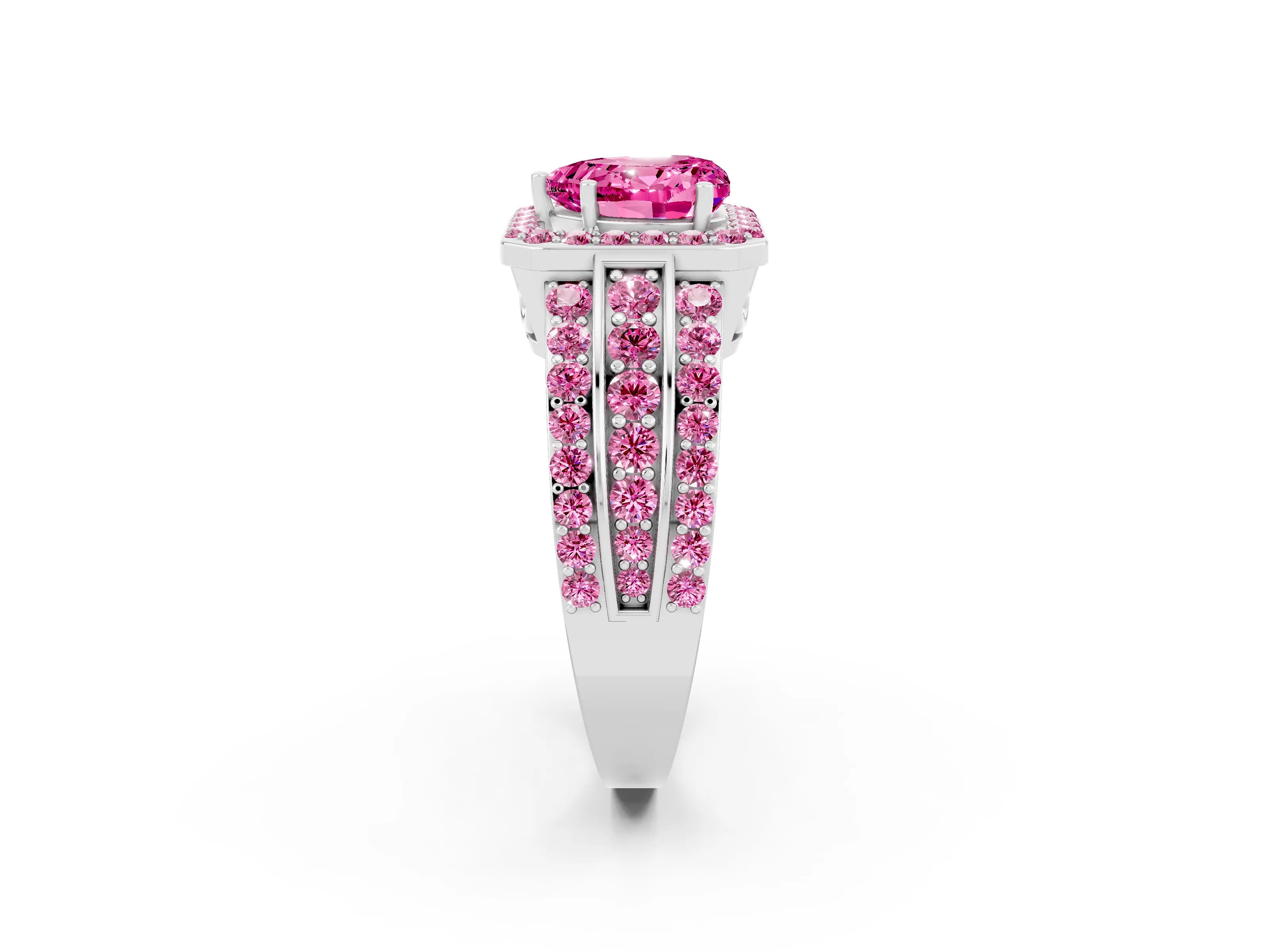White gold Heart Cut Halo Pink Sapphire Ring with Split Shank and Four-Prong Setting_2