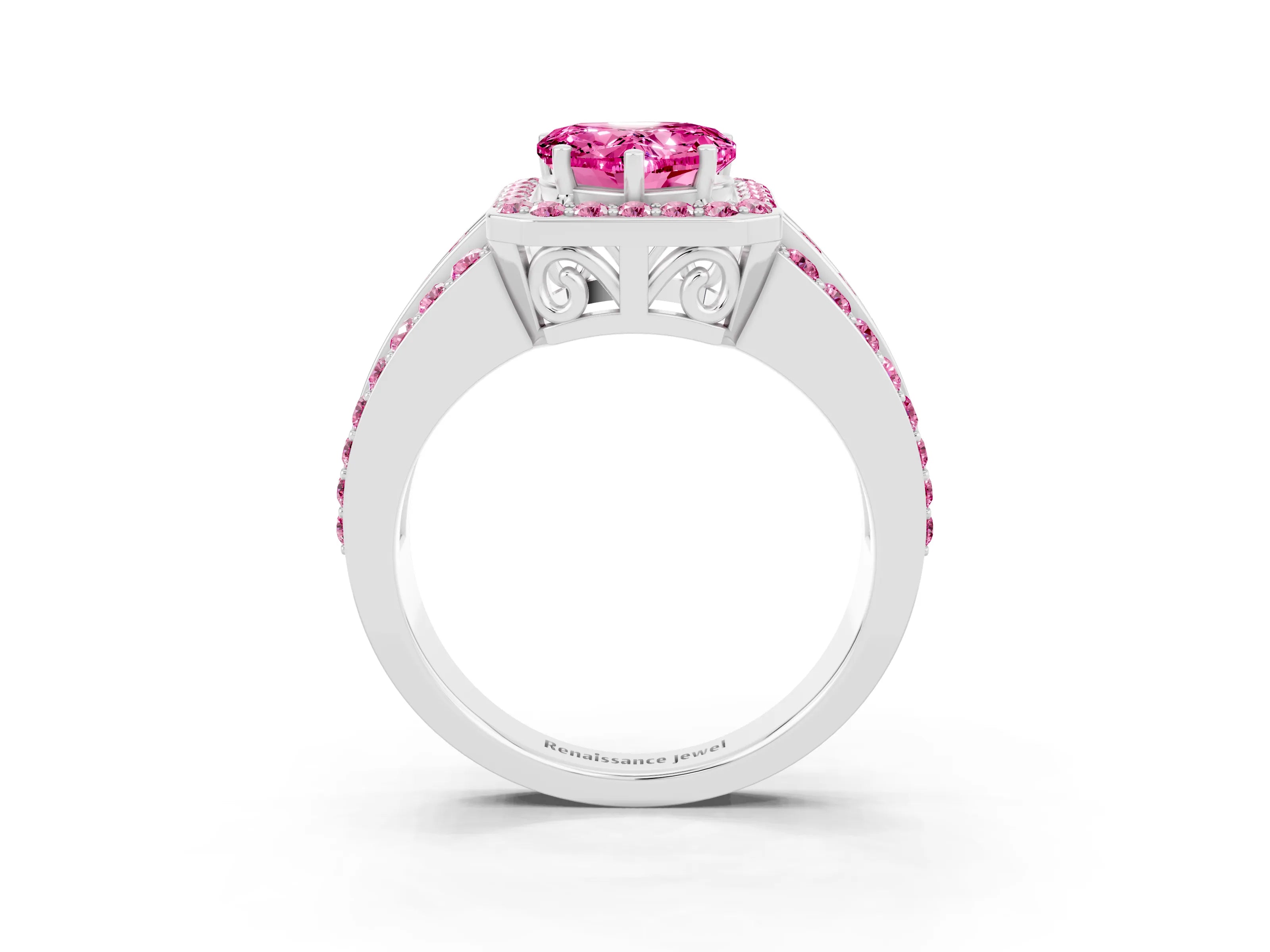 White gold Heart Cut Halo Pink Sapphire Ring with Split Shank and Four-Prong Setting_3