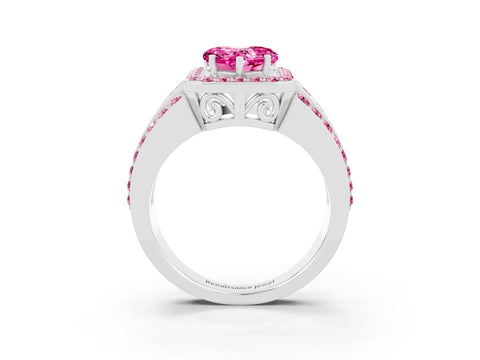 White gold Heart Cut Halo Pink Sapphire Ring with Split Shank and Four-Prong Setting_3