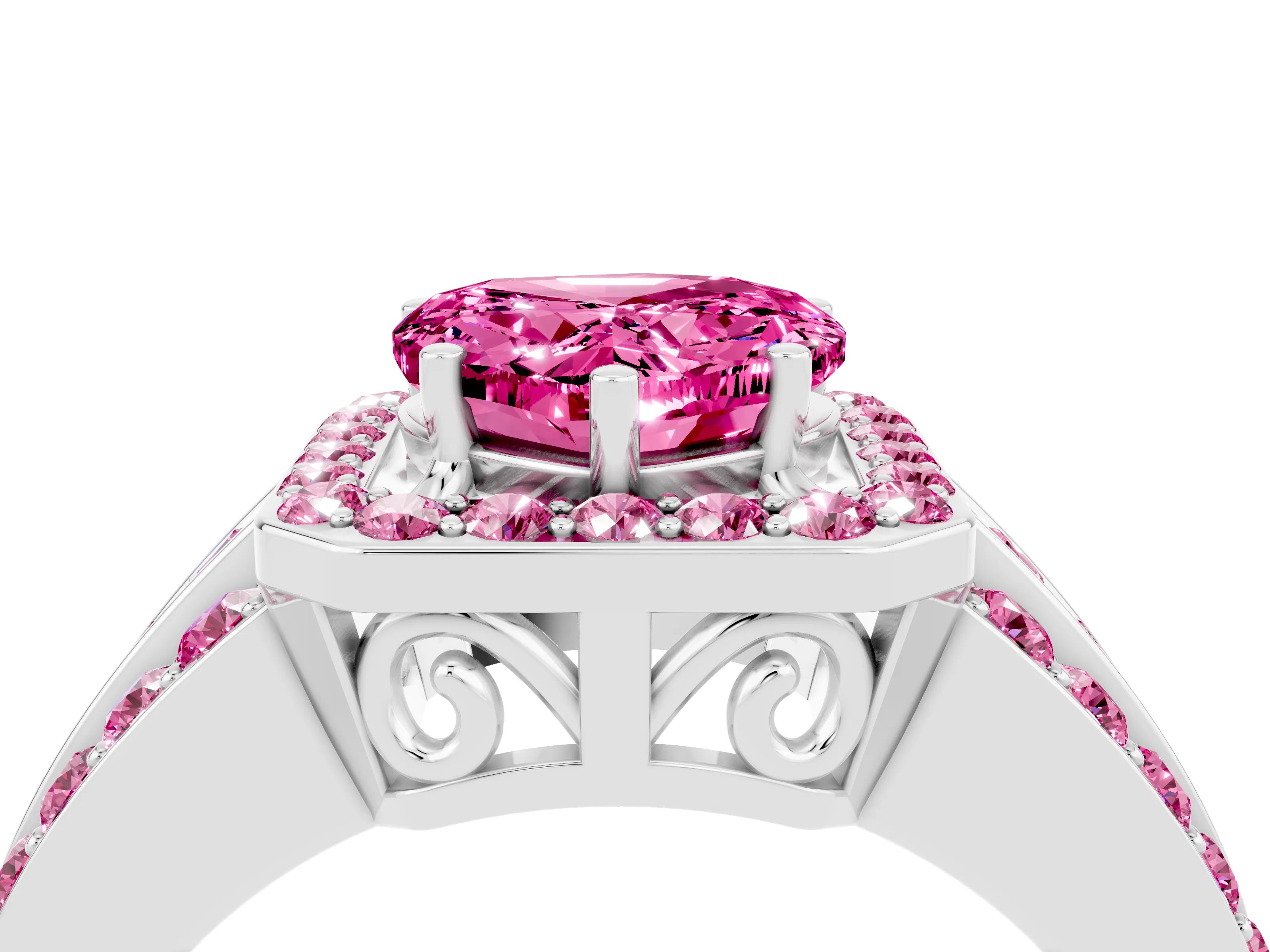 White gold Heart Cut Halo Pink Sapphire Ring with Split Shank and Four-Prong Setting_4