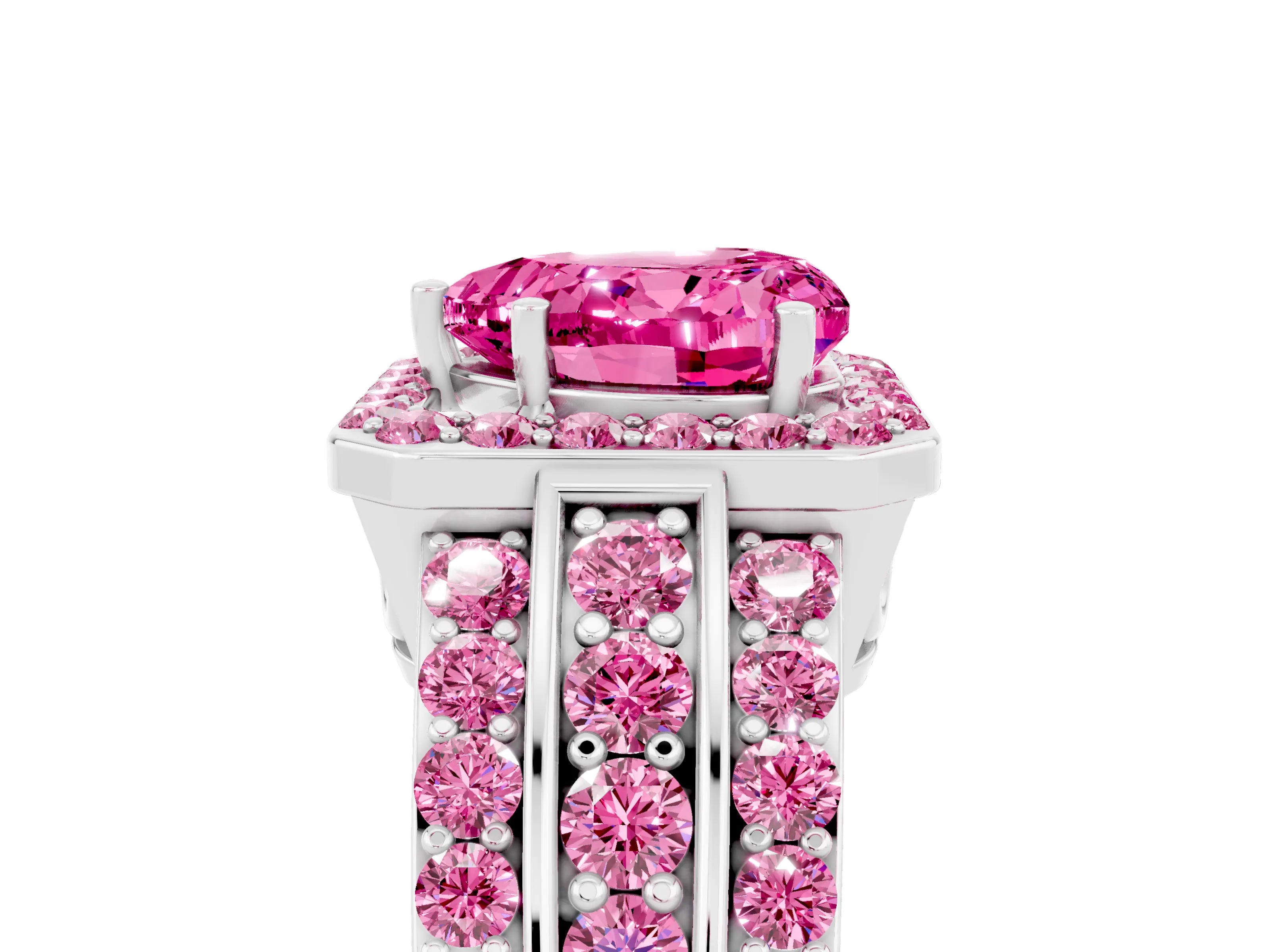 White gold Heart Cut Halo Pink Sapphire Ring with Split Shank and Four-Prong Setting_5