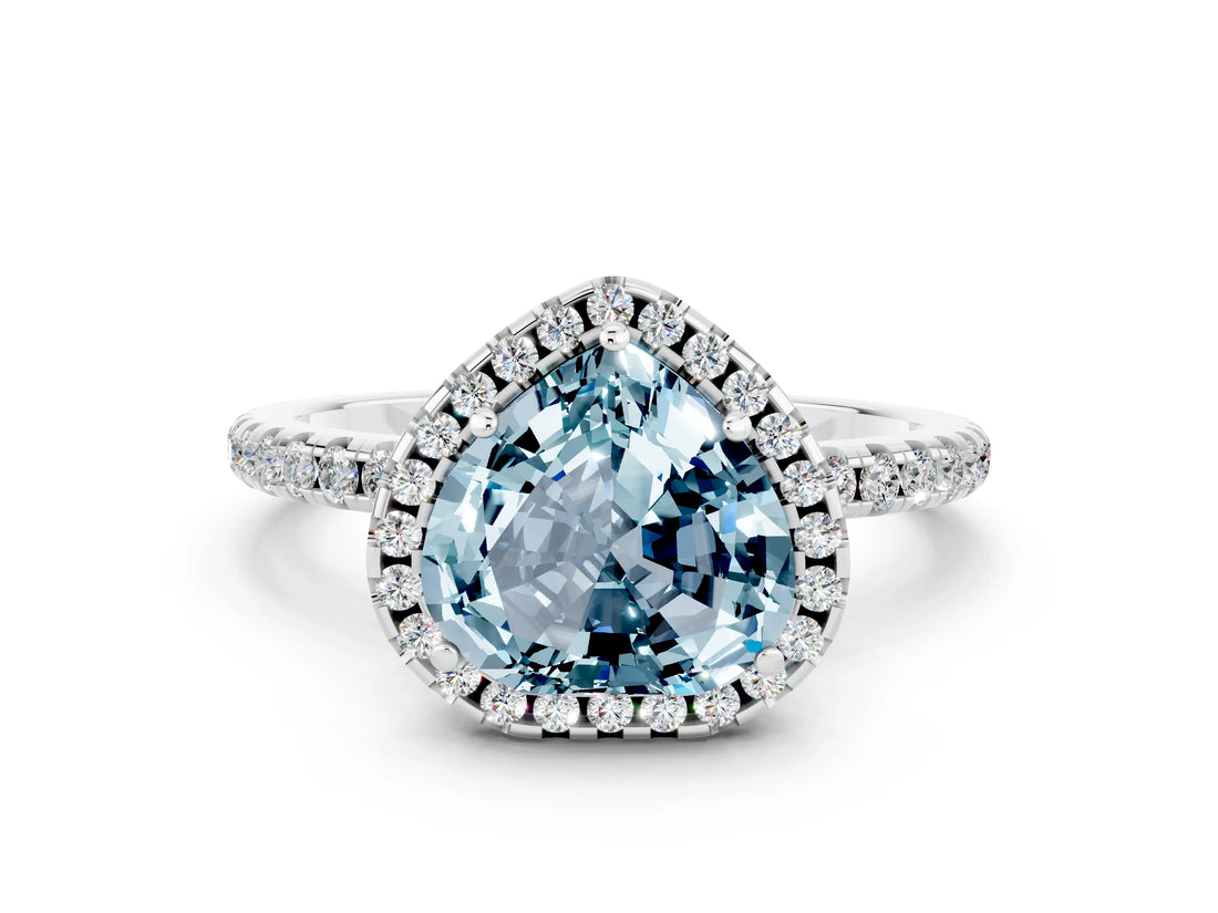 White gold Heart Cut Halo Round Diamond Pavé Band Four-Prong Ring