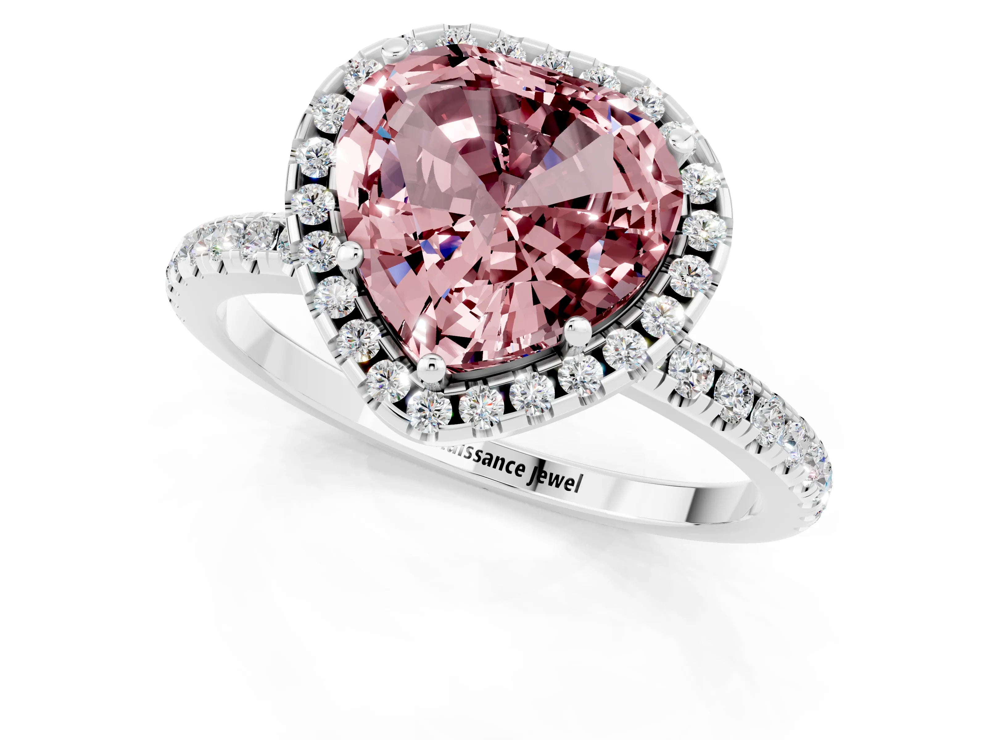 White gold Heart Cut Halo Round Diamond Pavé Band Four-Prong Ring_1