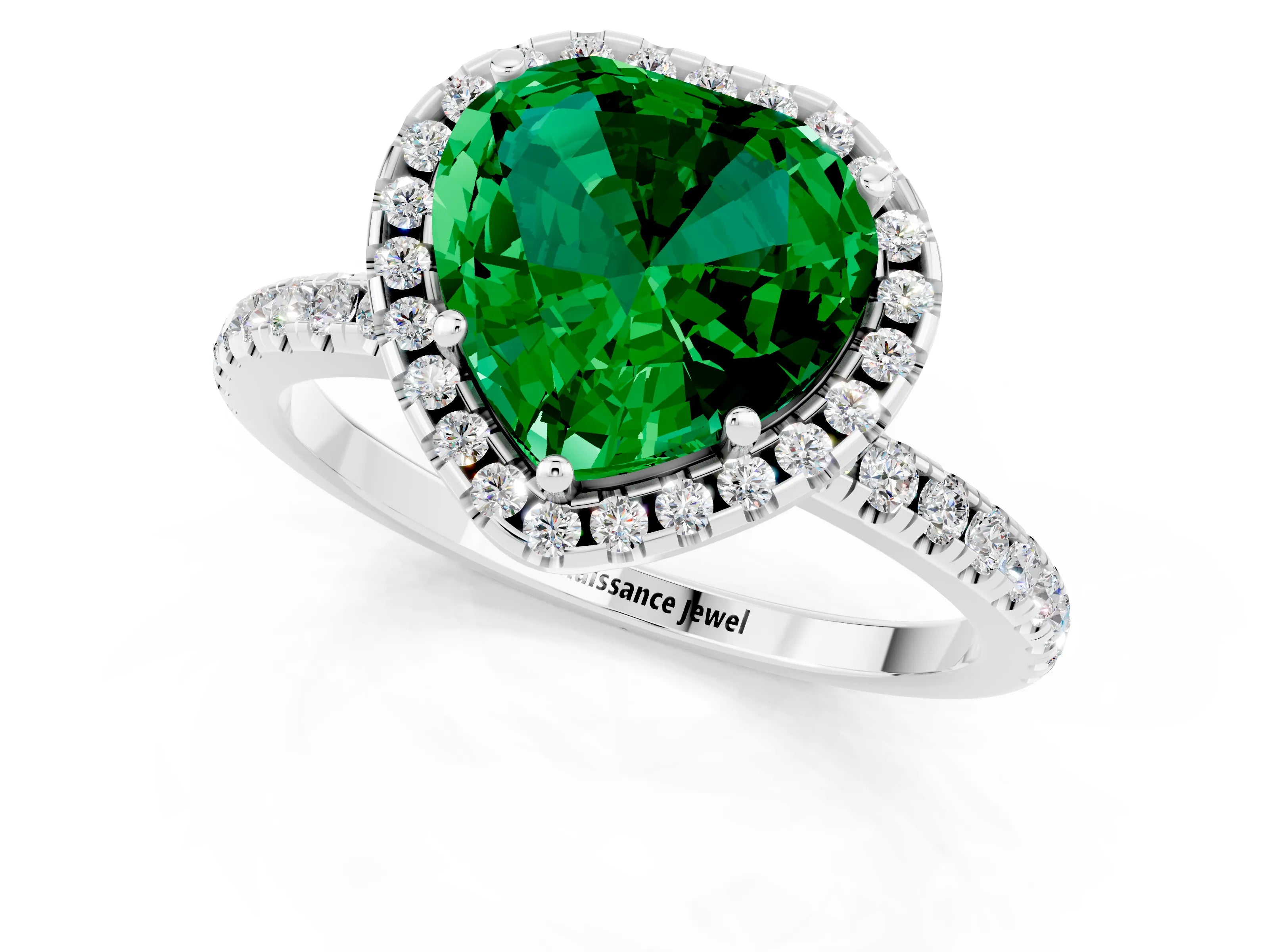 White gold Heart Cut Halo Round Diamond Pavé Band Four-Prong Ring_1