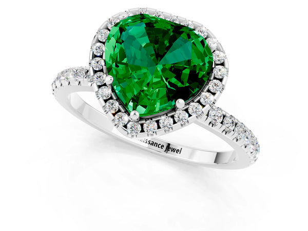 Silver Heart Cut Emerald Halo Ring with Round Pavé Band and Prong Setting