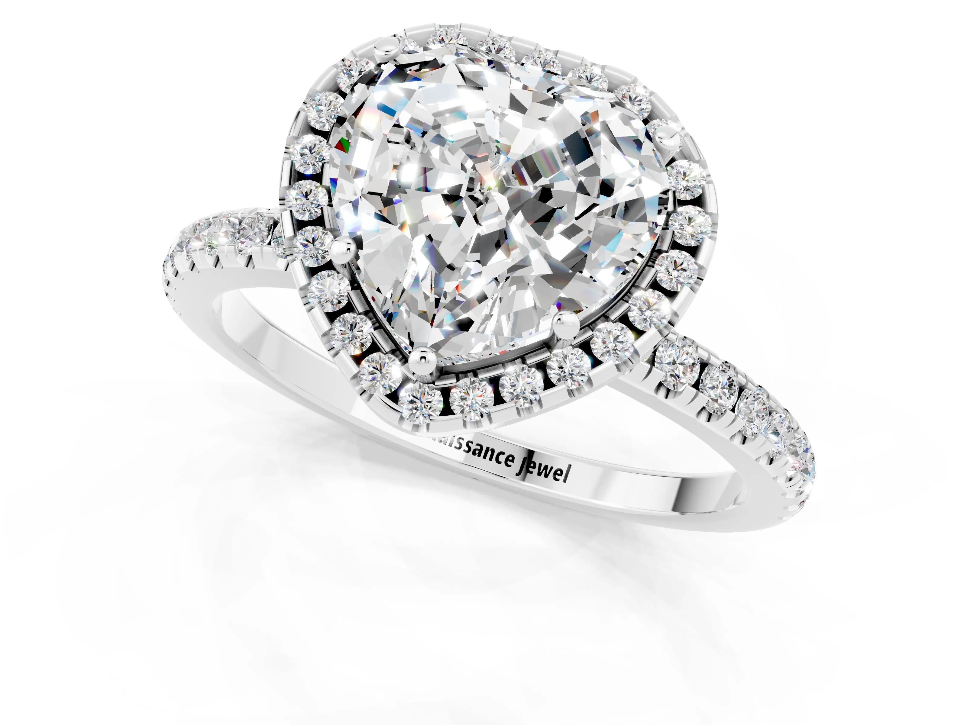 White gold Heart Cut Halo Round Diamond Pavé Band Four-Prong Ring_1