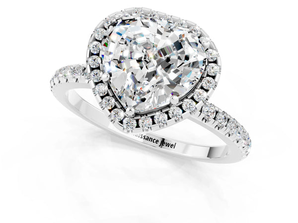 Silver Heart Cut Moissanite Halo Ring with Round Pavé Band and Prong Setting