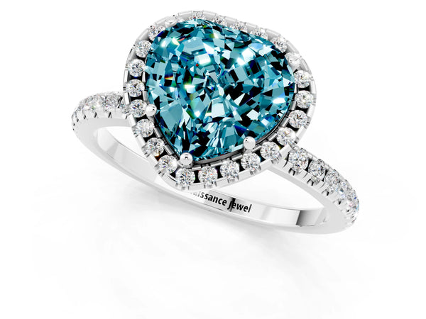 Silver Heart Cut Halo Round Diamond Pavé Band Four-Prong Ring