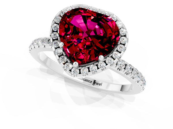 Platinum Heart Cut Garnet Halo Ring with Round Pavé Band and Prong Setting