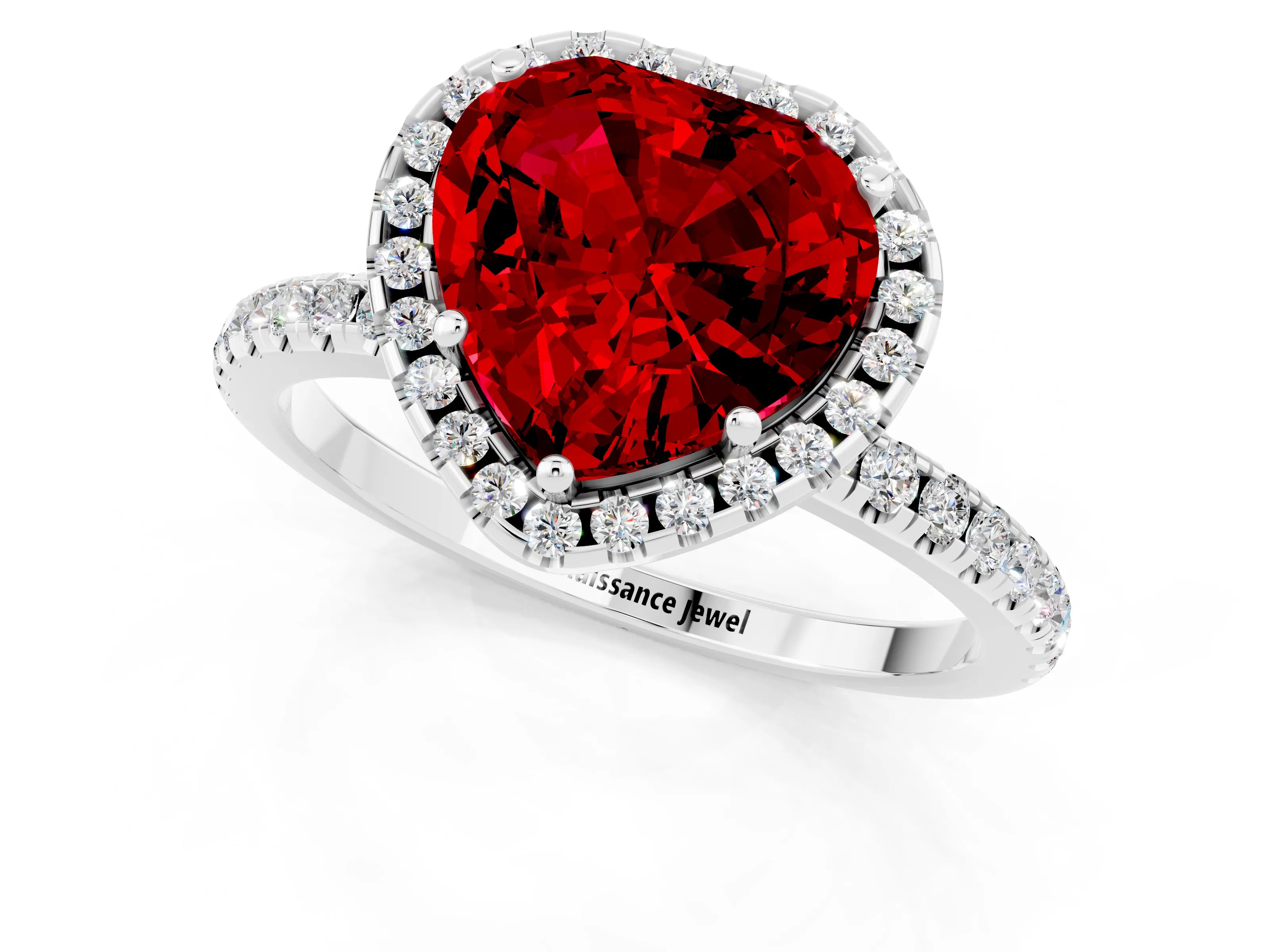 White gold Heart Cut Halo Round Diamond Pavé Band Four-Prong Ring_1