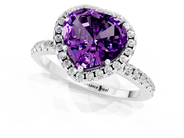 White gold Heart Cut Amethyst Halo Ring with Round Pavé Band and Prong Setting