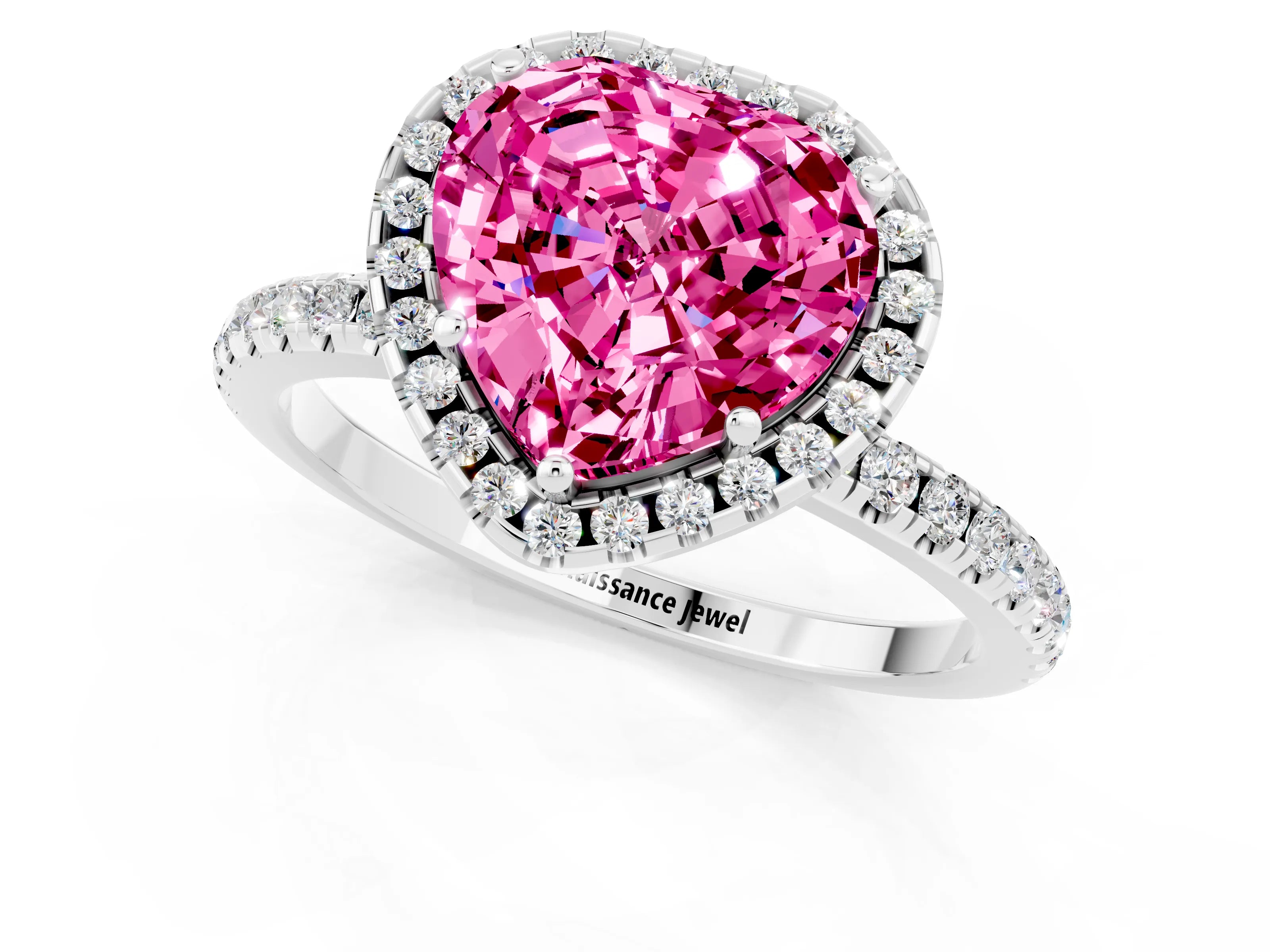 White gold Heart Cut Halo Round Diamond Pavé Band Four-Prong Ring_1
