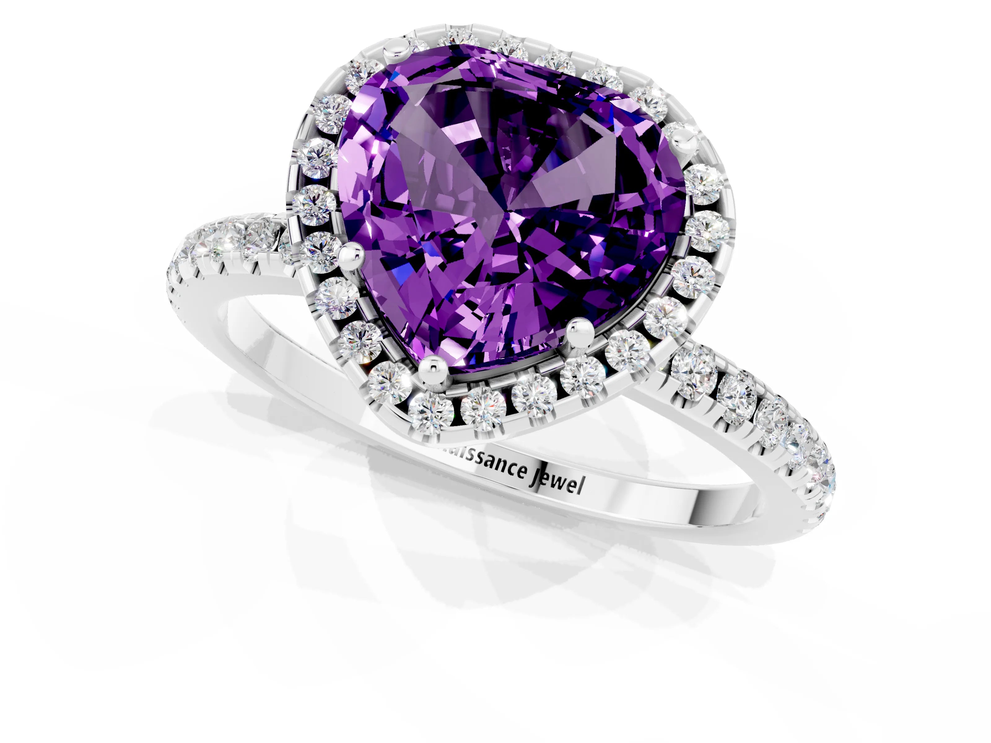 White gold Heart Cut Halo Round Diamond Pavé Band Four-Prong Ring_1