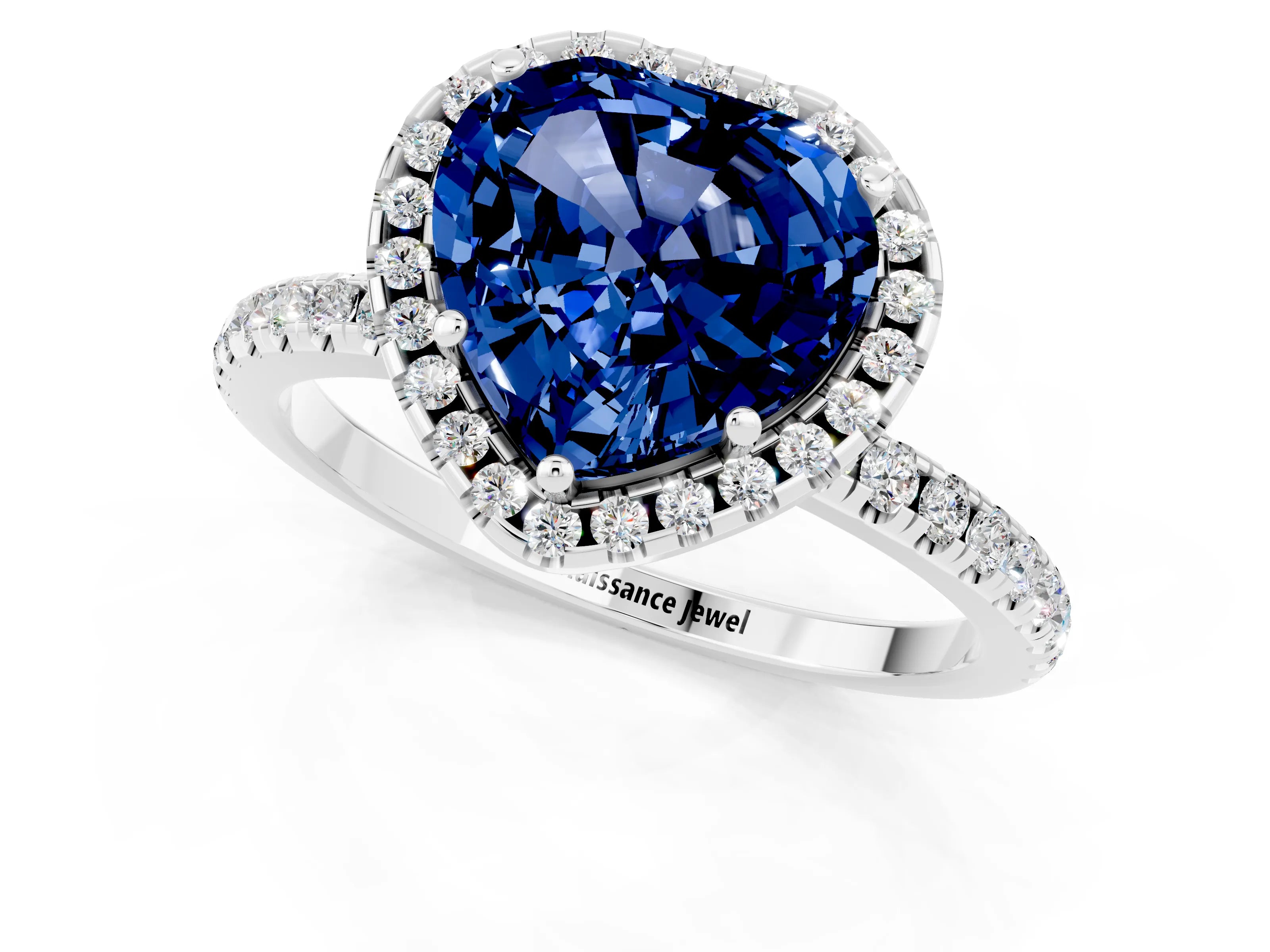 White gold Heart Cut Halo Round Diamond Pavé Band Four-Prong Ring_1