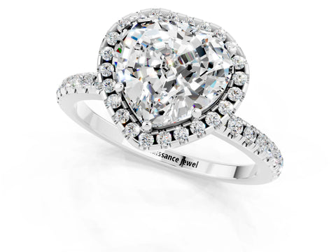 White gold Heart Cut Halo Round Diamond Pavé Band Four-Prong Ring_1