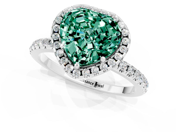 Silver Heart Cut Green Sapphire Halo Ring with Round Pavé Band and Prong Setting