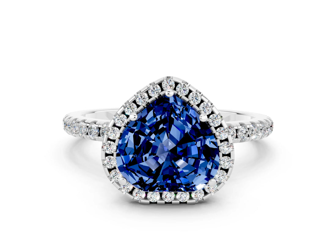 White gold Heart Cut Halo Round Diamond Pavé Band Four-Prong Ring