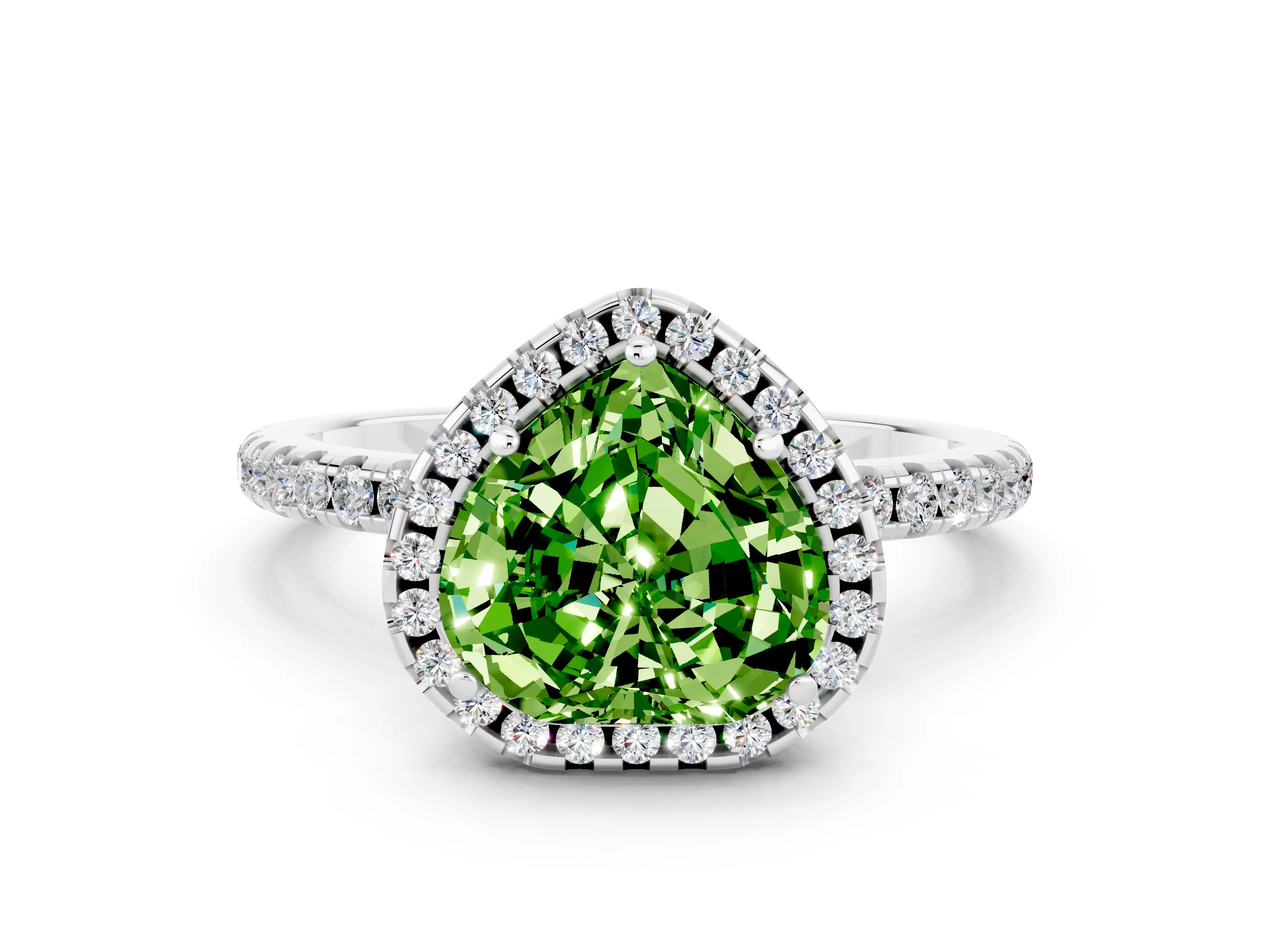 White gold Heart Cut Halo Round Diamond Pavé Band Four-Prong Ring