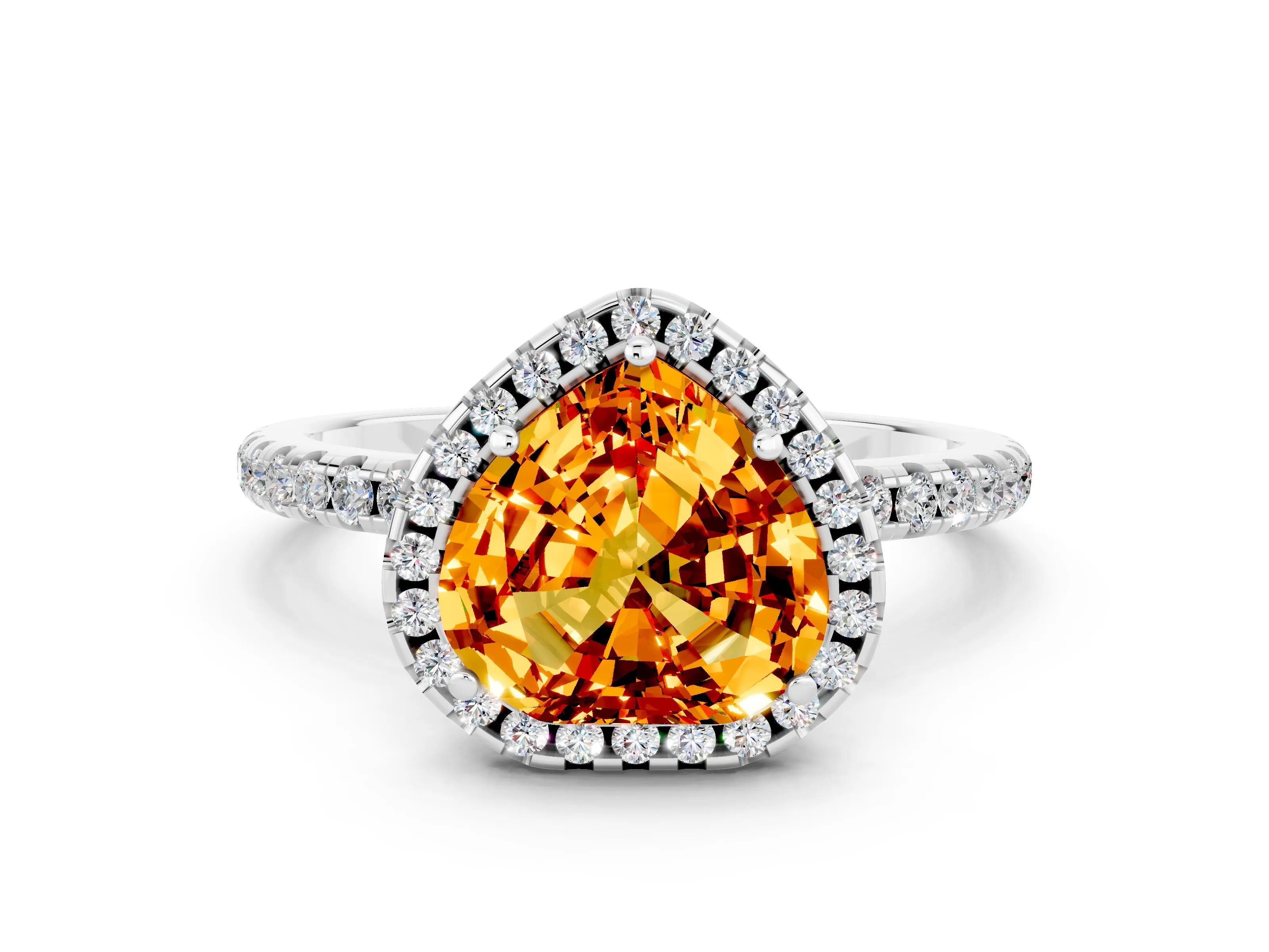 White gold Heart Cut Halo Round Diamond Pavé Band Four-Prong Ring