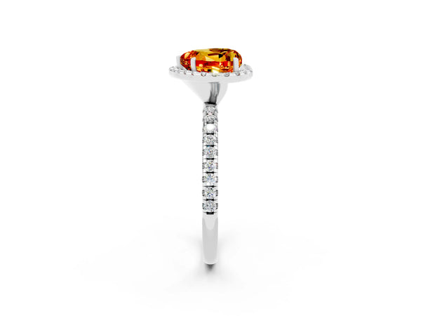 Silver Heart Cut Citrine Halo Ring with Round Pavé Band and Prong Setting