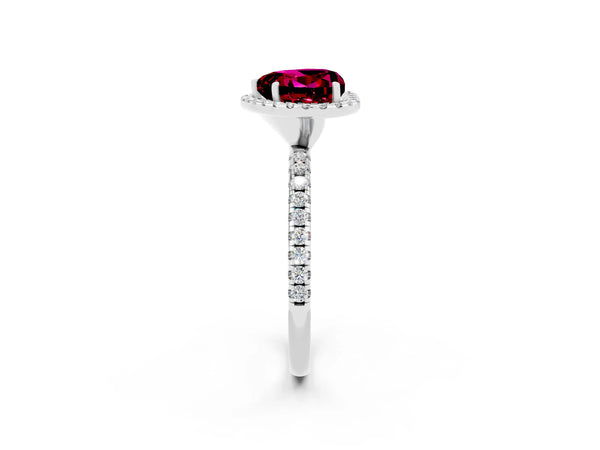 White gold Heart Cut Garnet Halo Ring with Round Pavé Band and Prong Setting
