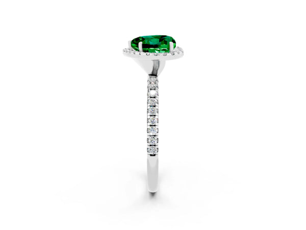 Platinum Heart Cut Emerald Halo Ring with Round Pavé Band and Prong Setting