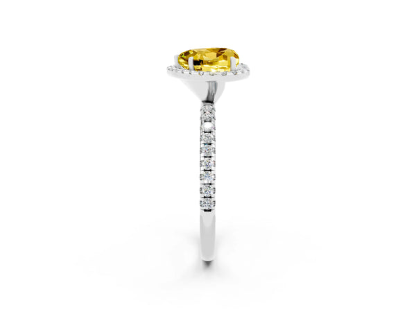 Platinum Heart Cut Yellow Sapphire Halo Ring with Round Pavé Band and Prong Setting