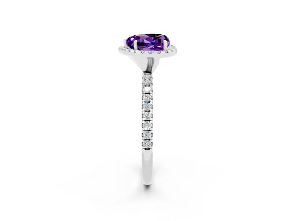 Platinum Heart Cut Amethyst Halo Ring with Round Pavé Band and Prong Setting