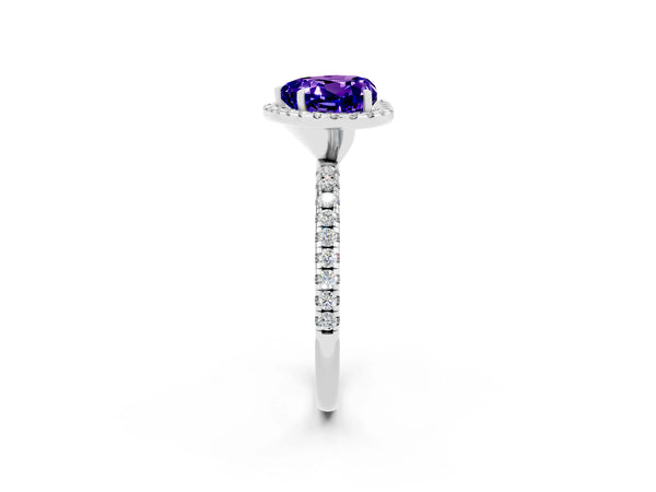 Platinum Heart Cut Tanzanite Halo Ring with Round Pavé Band and Prong Setting