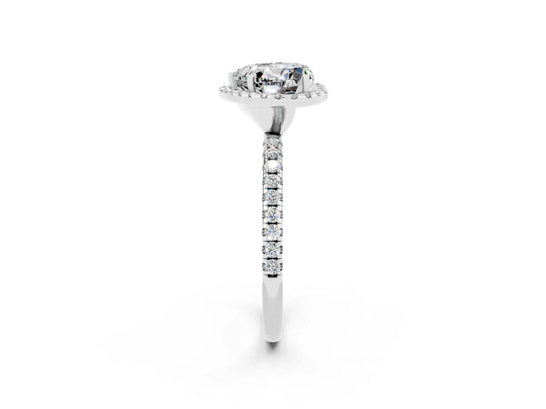 White gold Heart Cut Moissanite Halo Ring with Round Pavé Band and Prong Setting