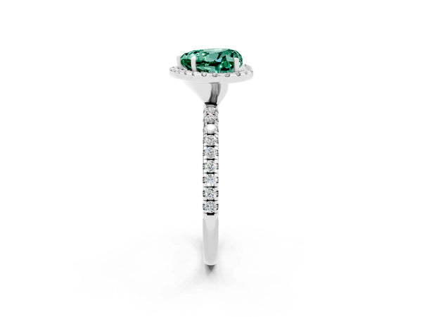 Silver Heart Cut Green Sapphire Halo Ring with Round Pavé Band and Prong Setting