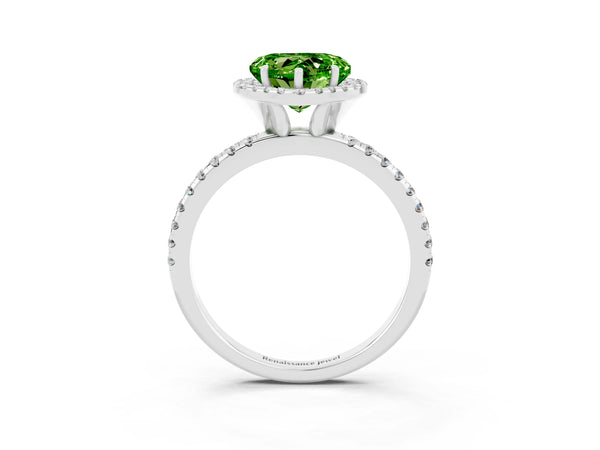 White gold Heart Cut Halo Round Diamond Pavé Band Four-Prong Ring