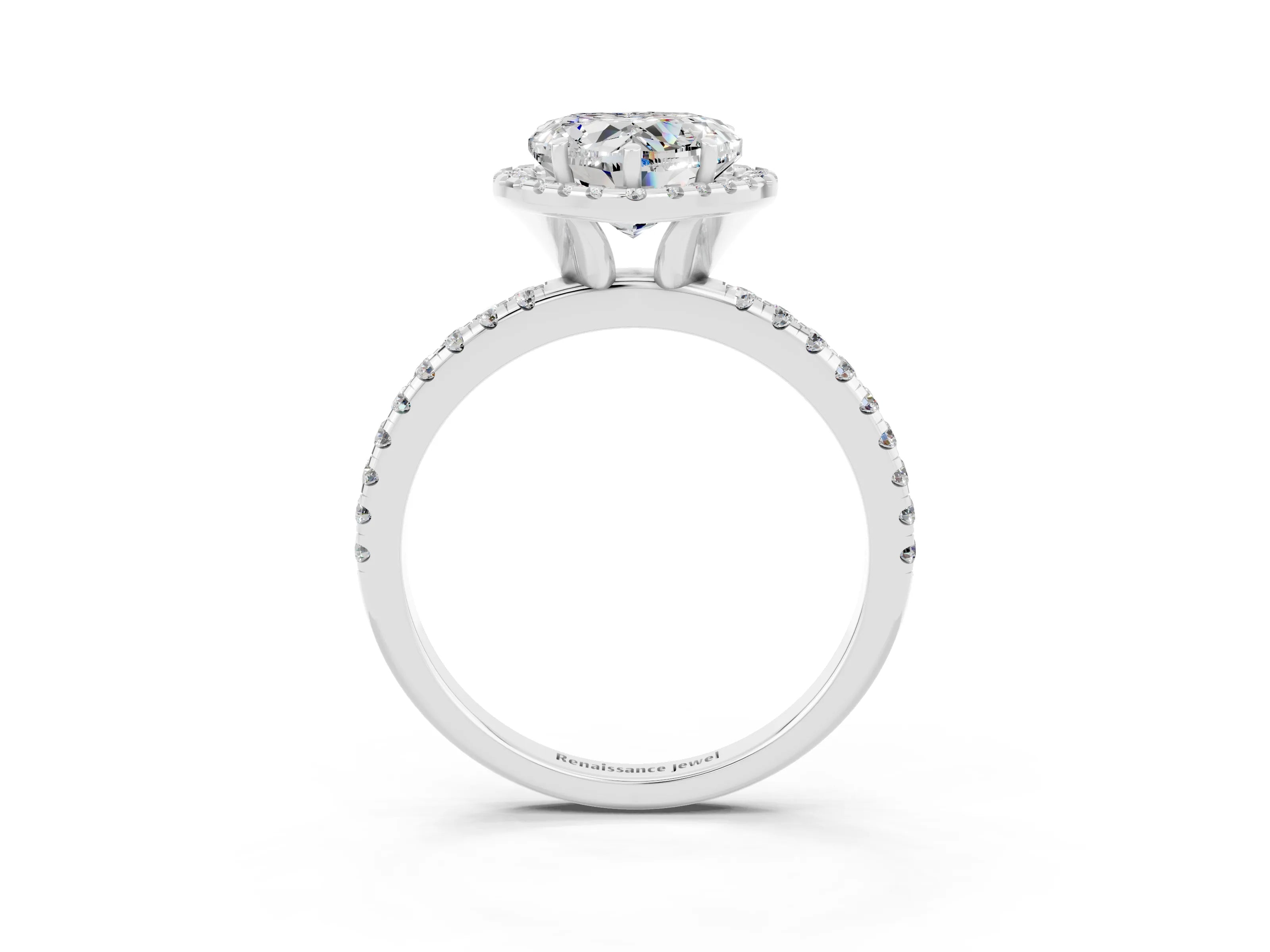 White gold Heart Cut Halo Round Diamond Pavé Band Four-Prong Ring_3