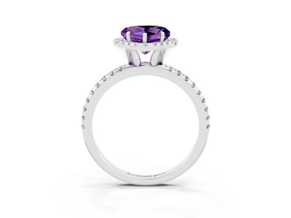 White gold Heart Cut Amethyst Halo Ring with Round Pavé Band and Prong Setting
