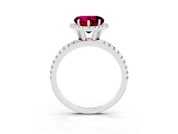 Platinum Heart Cut Garnet Halo Ring with Round Pavé Band and Prong Setting