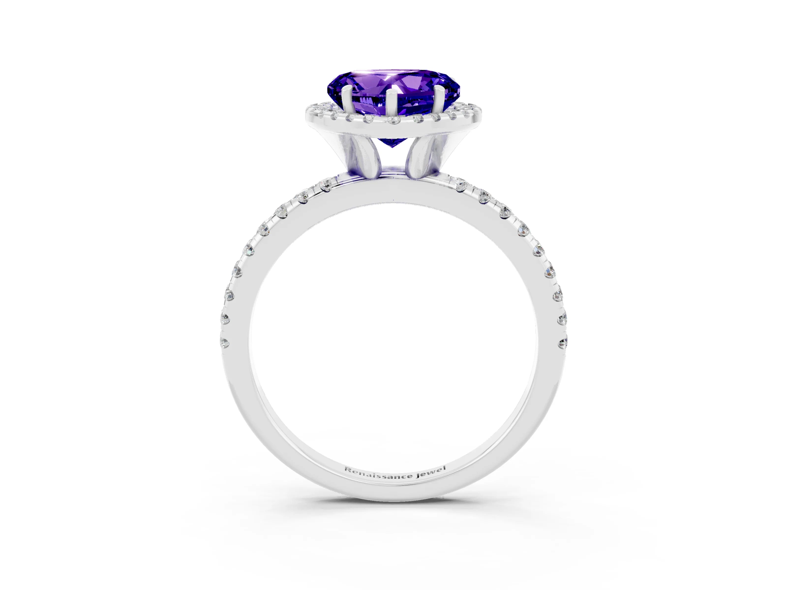 White gold Heart Cut Halo Round Diamond Pavé Band Four-Prong Ring_3