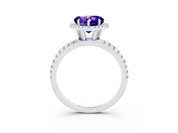 Platinum Heart Cut Tanzanite Halo Ring with Round Pavé Band and Prong Setting