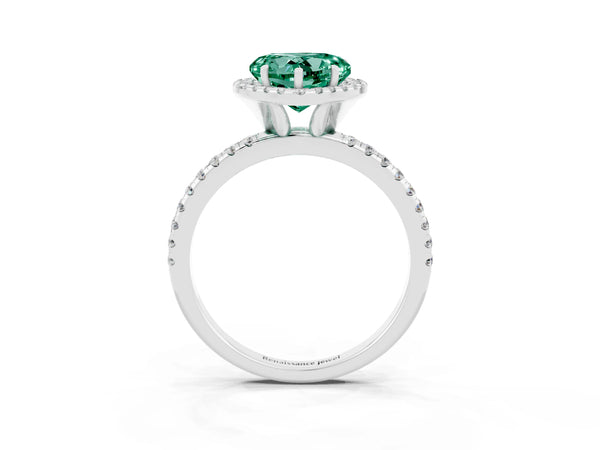 Silver Heart Cut Green Sapphire Halo Ring with Round Pavé Band and Prong Setting