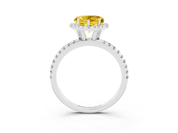 Silver Heart Cut Yellow Sapphire Halo Ring with Round Pavé Band and Prong Setting