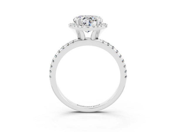 Silver Heart Cut Moissanite Halo Ring with Round Pavé Band and Prong Setting