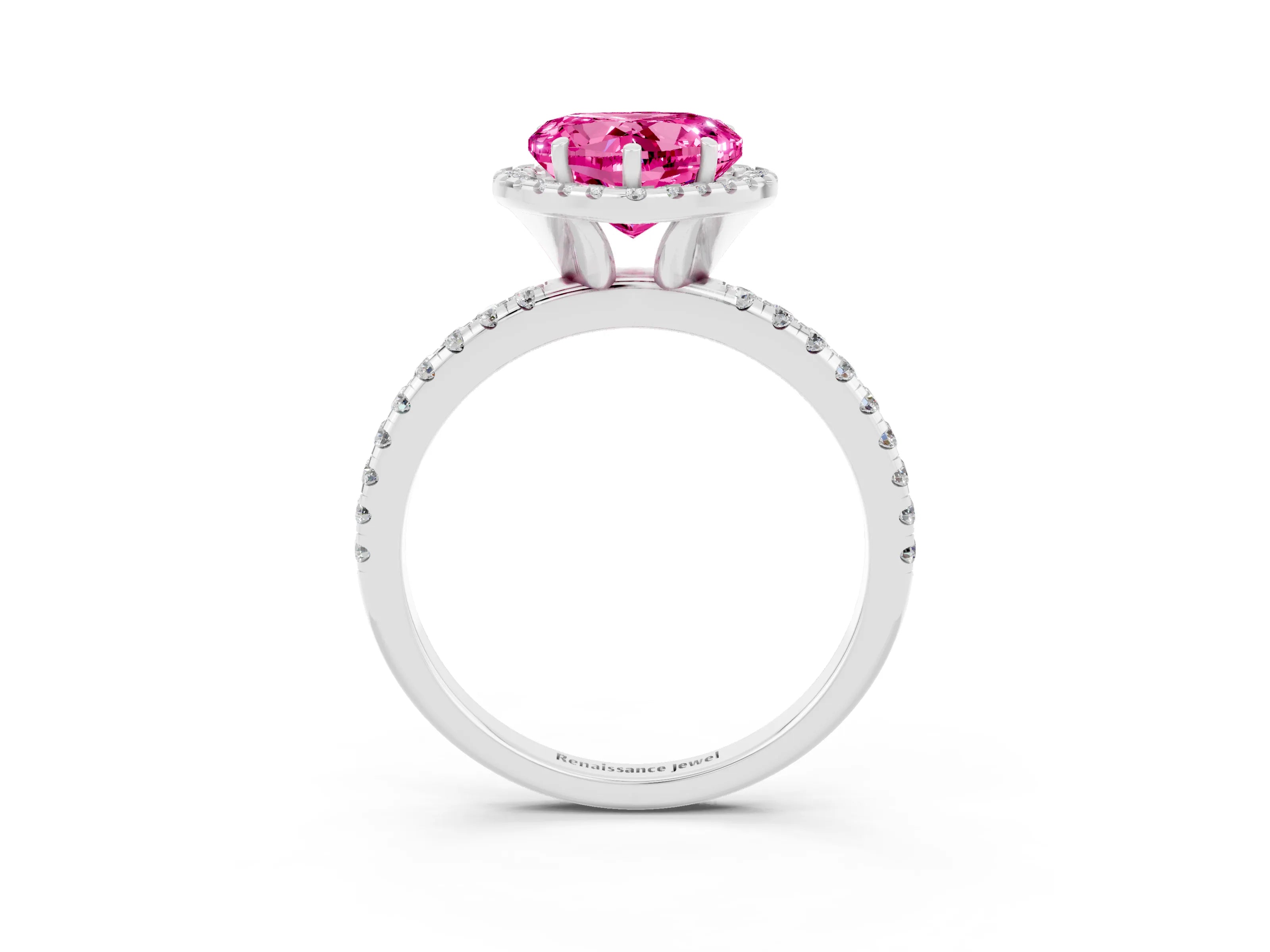 White gold Heart Cut Halo Round Diamond Pavé Band Four-Prong Ring_3